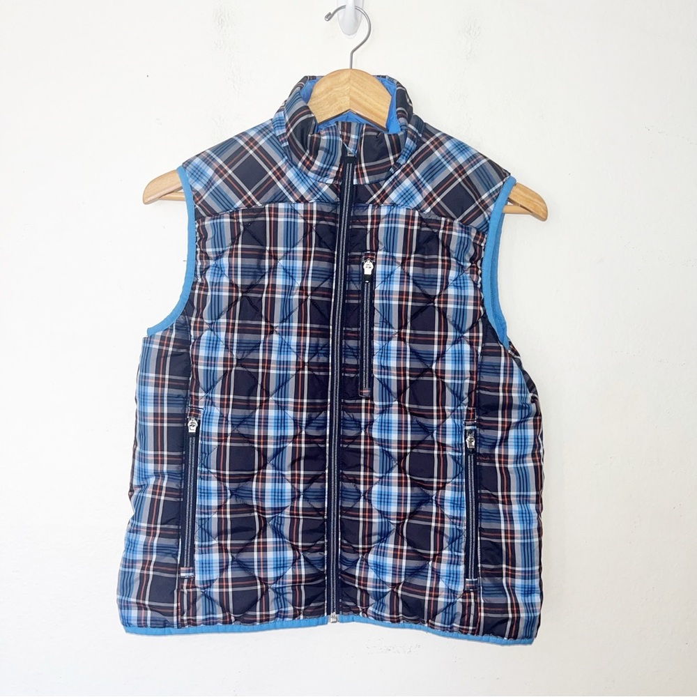 Lands End Quilted Plaid Puffer Vest Women S 6-8 Blue Primaloft Pockets Packable